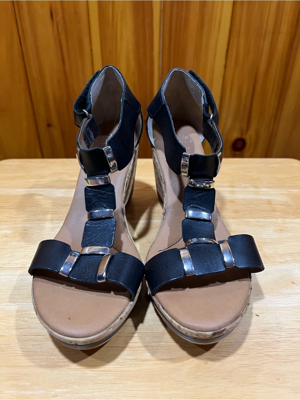 Comfortable Black Wedge Sandals with Silver Accents